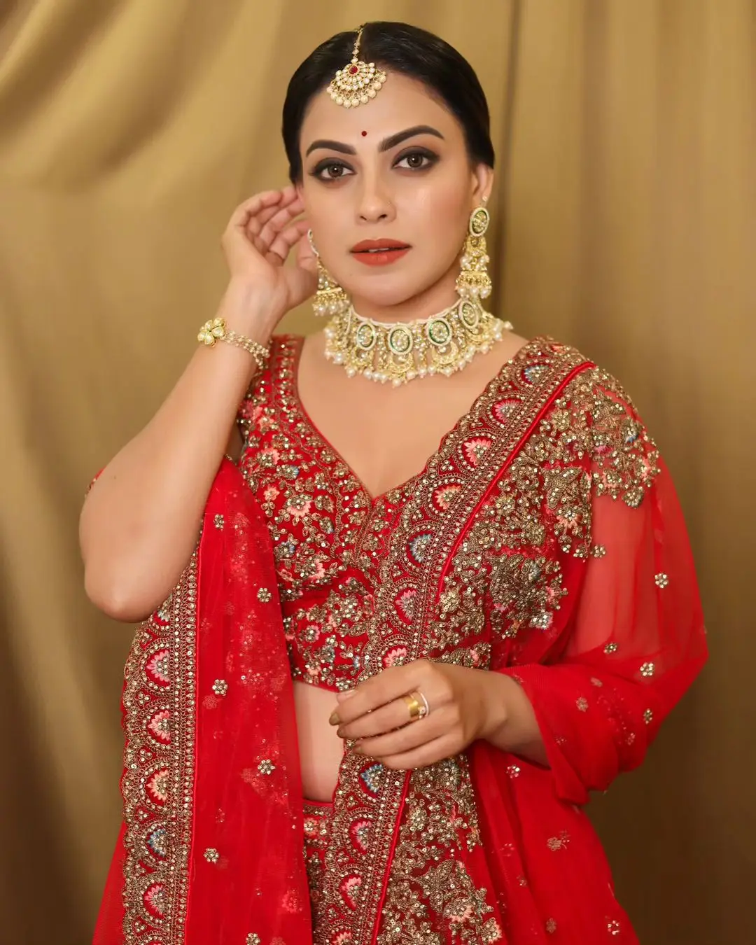 Anusree Nair Wearing Beautiful Earrings Jewellery Red Lehenga Choli